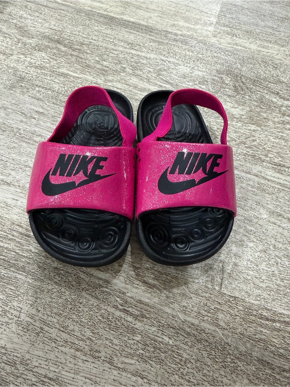 Nike Kids Pink Glitter Slide Sandals with Black Footbeds
